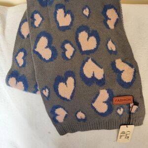 Cherie Bliss Gray Knit Scarf with Pink Hearts and Blue Outlines Wool Imitation